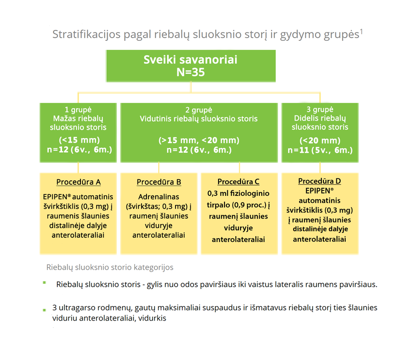 Stratifikacijos pagal riebalų sluoksnio storį ir gydymo grupės